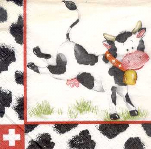 Serviette Kuh schwarz-weiss, schweizer Kreuz, Rarität